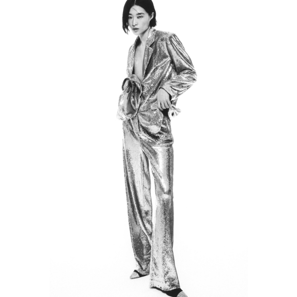 Zara 2pcs Shoulder pad sequin blazer + pants set - Picture 1 of 15